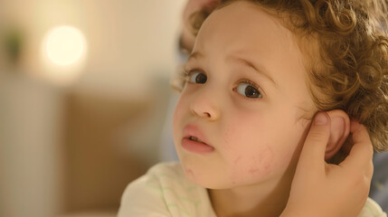 Close-up of a young child being examined for a potential ear infection. The child shows a worried expression while an adult gently holds their ear, suggesting discomfort or pain. Ideal for illustratin