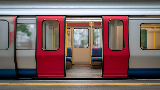 Side view of empty Subway train with open doors, station platform ready for passengers - Powered by Adobe
