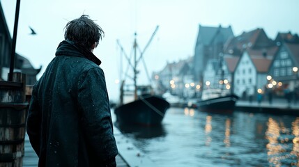 Obraz premium Man standing in the rain with a wet coat. The scene is set in a harbor with boats and a city skyline in the background. Scene is melancholic and contemplative