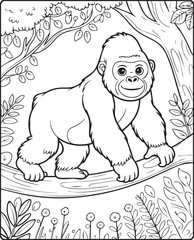 Obraz premium Gorilla walking on a tree branch black line art vector illustration coloring page for kids