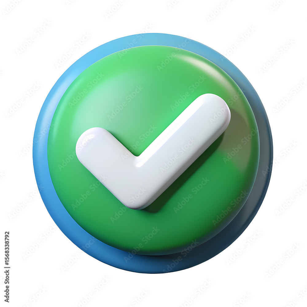 Fototapete 3D Rendered Check Mark Icon on Green and Blue Circular Button with Transparent Background for Digital Projects