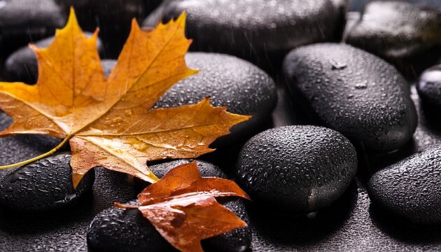 close up of wet black stones and autumn leaves in rain