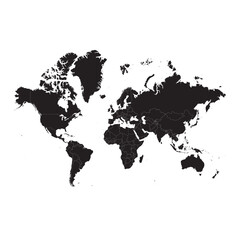 black silhouette world map highlighting india with country borders isolated on white background, vector outline