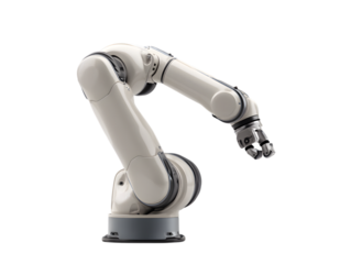 Modern white robotic arm with metallic gripper isolated on transparent background