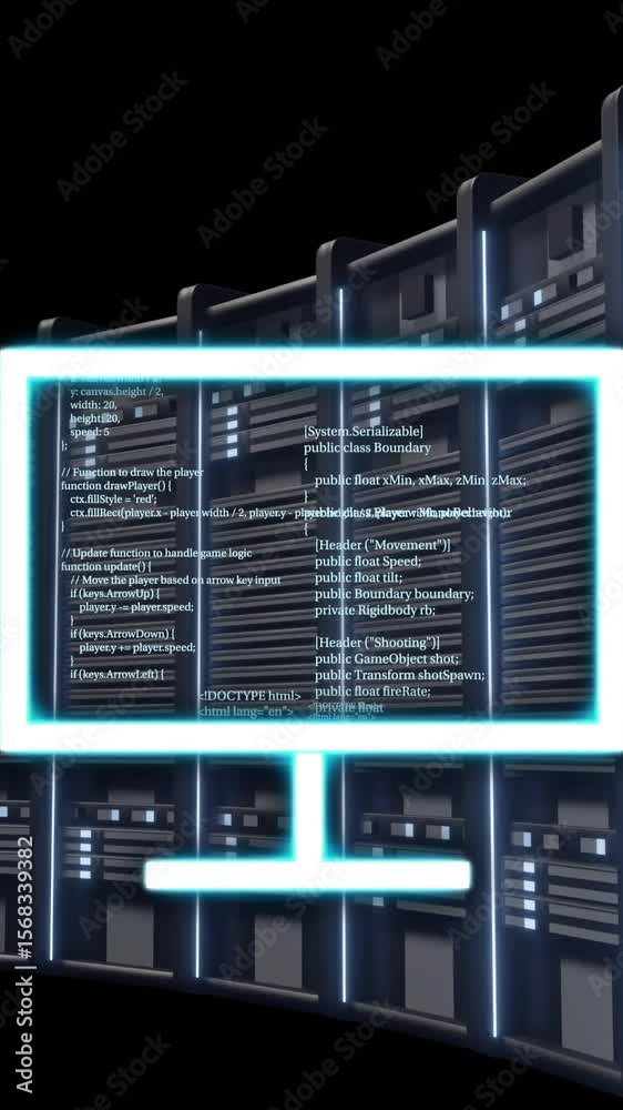 Poster Computer monitor with code animation over server racks in data center