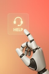 A futuristic robot hand pointing towards a "HELP" button, symbolizing modern customer service. With clean lines and a soft gradient background.