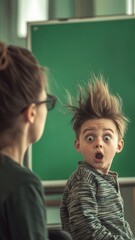 Surprised boy with spiky hair reacts during classroom activity in school setting