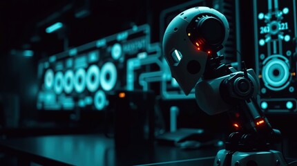 Robot head in a futuristic lab setting