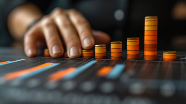 Stacked coins over business graph. Hand reaching toward increasing bar chart with financial data overlay. Great for investment growth, economic strategy, or fintech promotions.