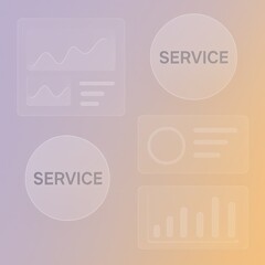 Minimalist digital graphic showcases a collection of modern data visualizations with the word service placed on top. The designs use a frosted glass effect against a soft gradient.