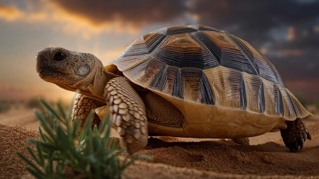 Tortoise in Desert Close Up of Wildlife at Sunset, Showcasing Natures Reptile with Intricate Shell Patterns and Warm Glow in Background