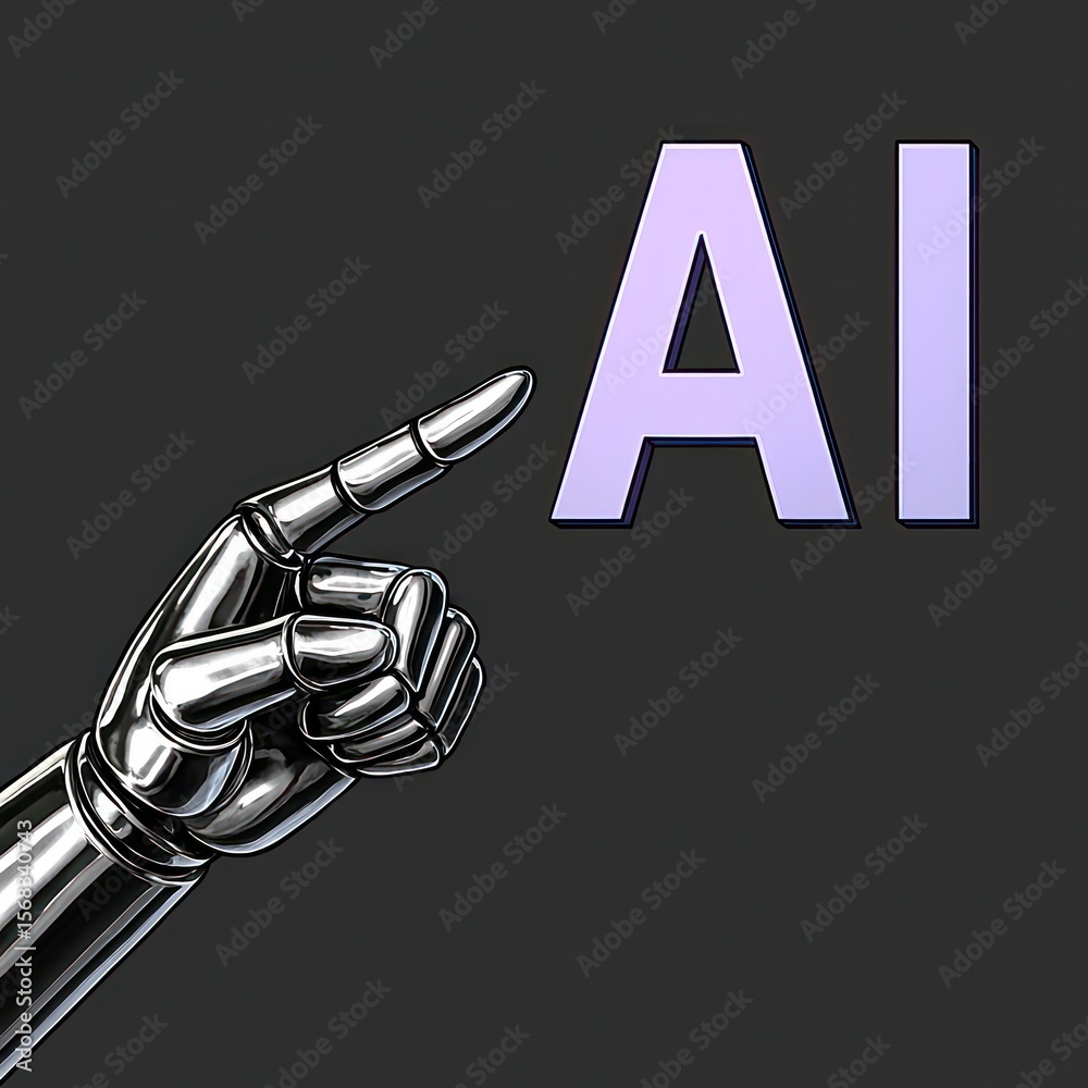 Poster a chrome robotic hand with a pointer finger directed towards the letters 