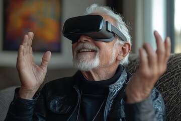 Senior man enjoying virtual reality experience at home, immersed in technology and exploration