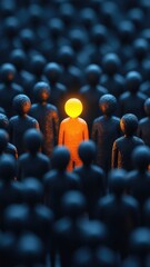 Unique figure stands out among a crowd of dark silhouettes in a conceptual representation of individuality and identity