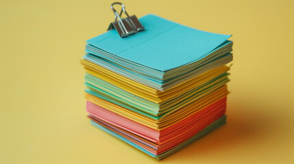 A small stack of index cards held by a binder clip, seen from the side on the left of a pastel yellow surface.