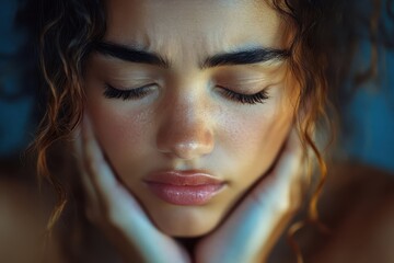 Young woman with curly hair reflects with hands on her face, expressing deep thought or contemplation indoors