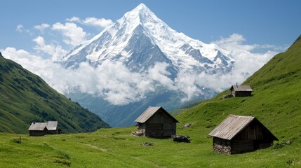Fototapeta premium Mountain range with a few small houses in the valley below. The houses are made of wood and are clustered together. The scene is peaceful and serene, with the mountains in the background