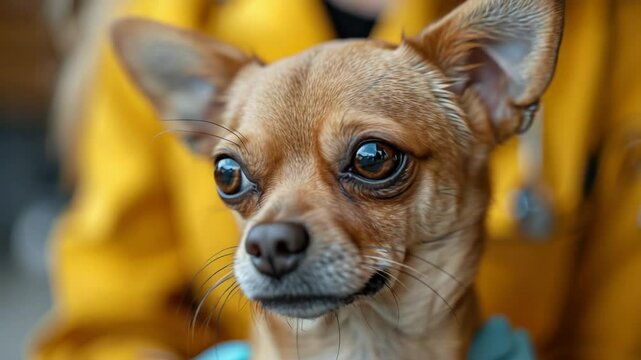 Close-up portrait of a cute chihuahua with expressive eyes and fawn fur. Small chihuahua is looking attentively. A chihuahua is a loving pet with expressive eyes, making a great companion for owners.