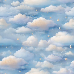 Clouds and stars on a soft blue fabric texture, dreamy and soft.