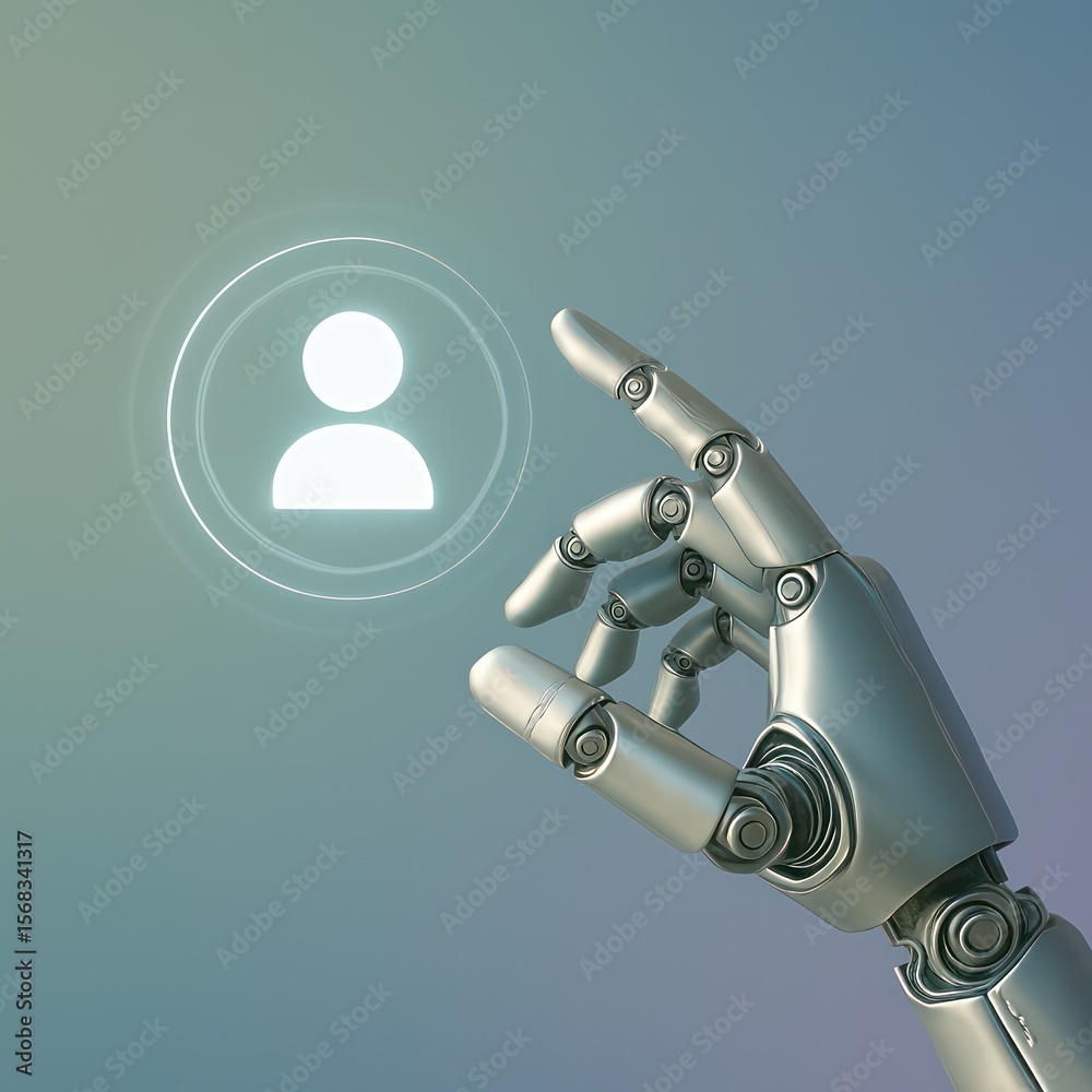 Poster the futuristic metallic hand of a robot interacting with a glowing human profile icon. symbolizing t