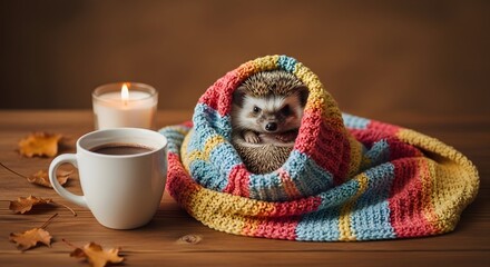 A cozy scene featuring an animal wrapped in a colorful blanket next to a warm beverage and a lit candle on a wooden surface. Autumn leaves add to the warm atmosphere.