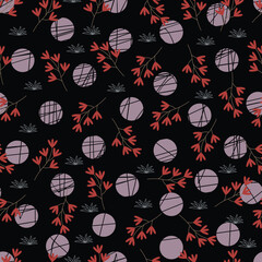 Midnight garden flowers seamless pattern. Dark blooms floral vector surface design of pink flowers and polka dots