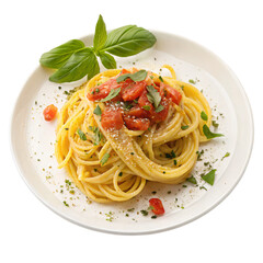 Delicious Spaghetti with Burst Cherry Tomatoes and Basil isolated on transparent background