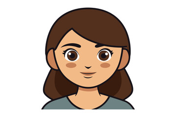 Fototapeta premium Smiling Girl Cartoon: A cheerful cartoon illustration of a young girl with shoulder-length brown hair and a friendly smile, perfect for representing youth, happiness, or general positivity. 