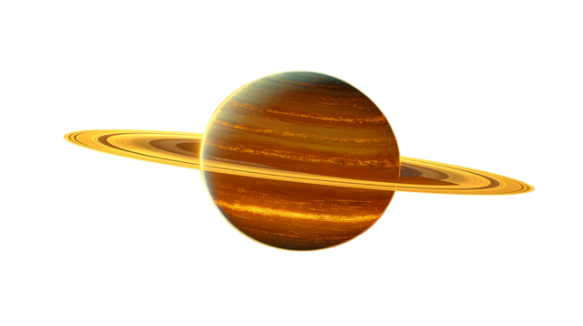 Vivid digital illustration of a glowing orange planet with rings. Transparent PNG. ideal for sci-fi projects, educational content, or space-themed design