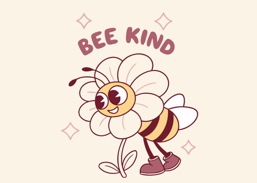 Cute cartoon bee with flower petals and the words bee kind