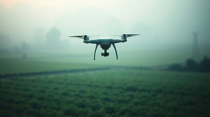 Drone flies over hazy green landscape