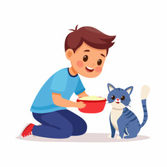 A young boy kneels to feed his cat, smiling softly while gently placing food in a bowl�demonstrating kindness, care, and responsibility through pet companionship
