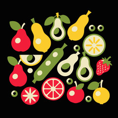 Fresh Colorful Fruits and Vegetables Illustration-Healthy Eating-Vibrant Food Art-Delicious Produce-Apples Pears Avocados-Strawberry-Citrus-Peas-Blueberries