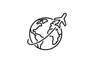 Simple line art airplane flying around the globe isolated on white background