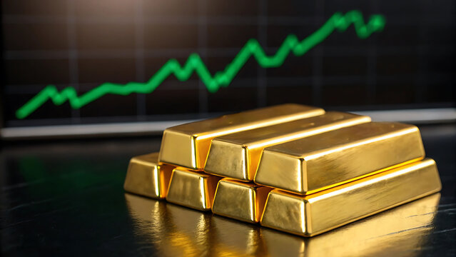 Shiny gold bars stacked with upward green graph investment - Powered by Adobe