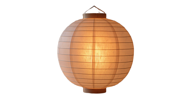 White paper lantern with soft warm light. Transparent PNG.  round hanging lamp for indoor decor or events