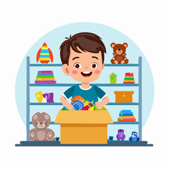 A cheerful boy proudly cleans up, placing toys into a storage bin in a tidy playroom�promoting responsibility, organization, and good habits in childhood routines