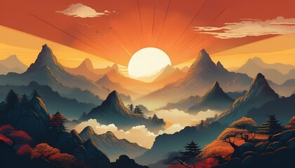 oriental inspired mountain landscape with rising sun