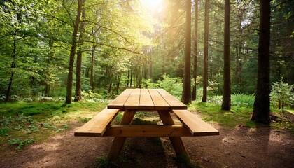 wooden picnic table in forest