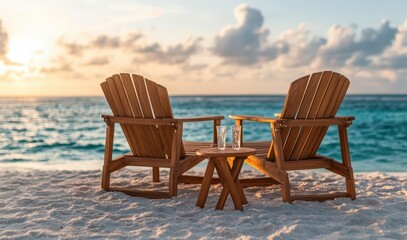 Serene beach scene with two wooden Adirondack chairs and small table overlooking ocean at sunset