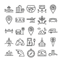 Collection of Black and White Line Icons Representing Travel and Leisure