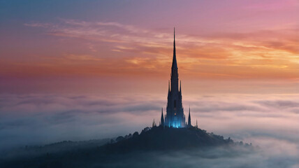 Obraz premium Surreal Spire in White Mist with Gradient Sky – Ethereal Landscape Photo (4K Ultra HD)