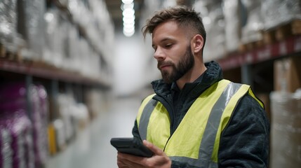 Worker using barcode scanner in warehouse aisle