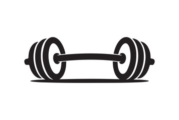Black silhouette of a barbell with weights on a white background isolated on white background