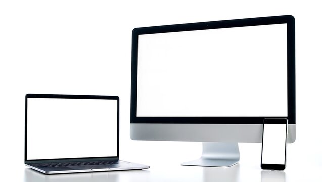 Sleek silver computer monitor laptop and smartphone with blank white screens technology electronic devices