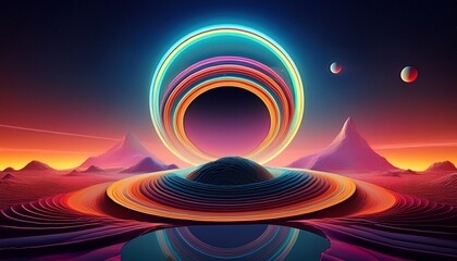 abstract 3d render of a colorful planetary landscape with rings