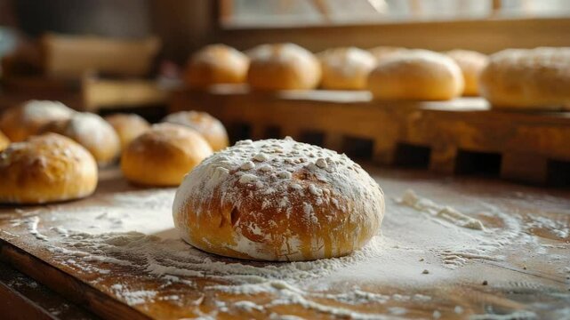 Fresh bread rolls displayed on floured wooden surface showcases baking skill. Fresh bread rolls exhibit golden crust and soft texture, inviting taste buds to savor bakery flavor.