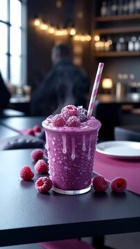Refreshing smoothie with raspberries on cafe table setting, vibrant and delicious. Smoothie in elegant glass is topped with fresh raspberries, and it stands out in this cafe environment.