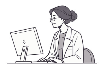 Professional at Work: A focused professional, wearing glasses and a lab coat, is engrossed in computer work, capturing the essence of digital age with a touch of sophistication.