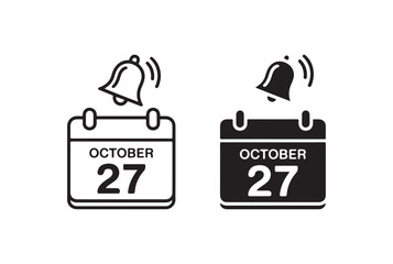 Calendar with a ringing bell icon indicating an event on october 27 isolated on white background